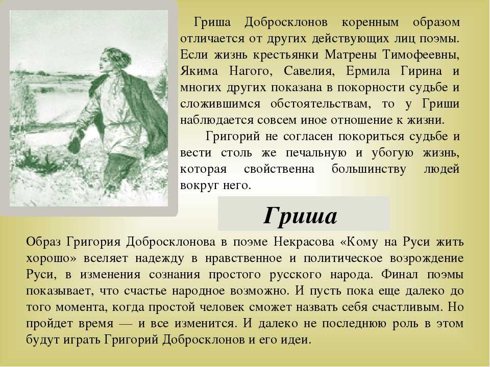Образ Гриши Добросклонова является одним из заступников народных масс, мечтающих о народном благополучии и всеобщем счастье