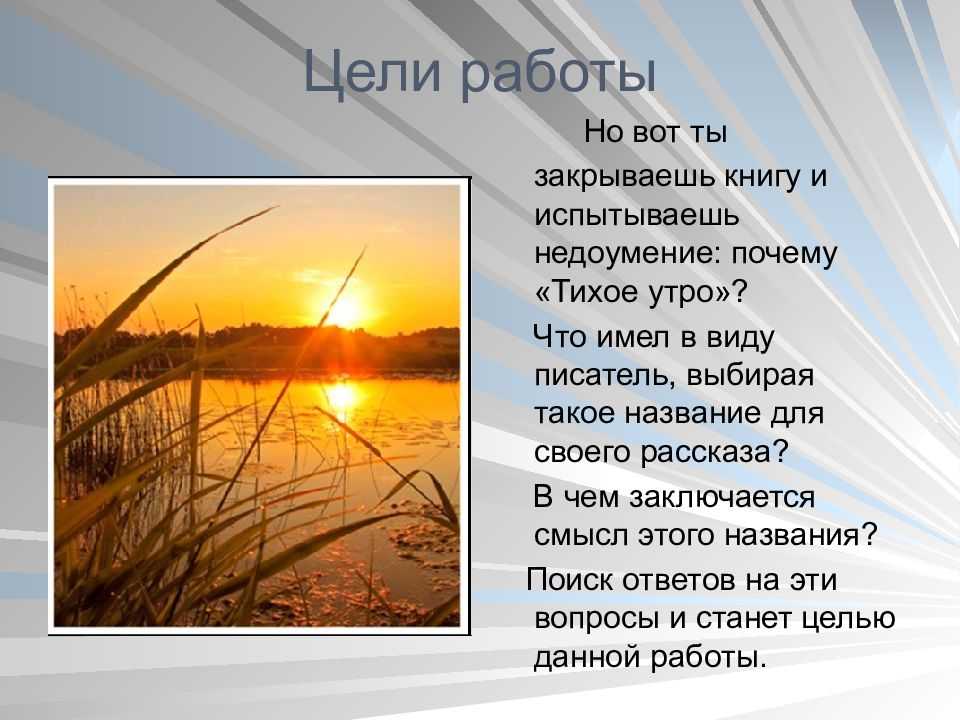 Действие рассказа Юрия Казакова Тихое утро разворачивается в деревне Главные герои — деревенский мальчик, опытный рыбак Яша и приехавший из Москвы