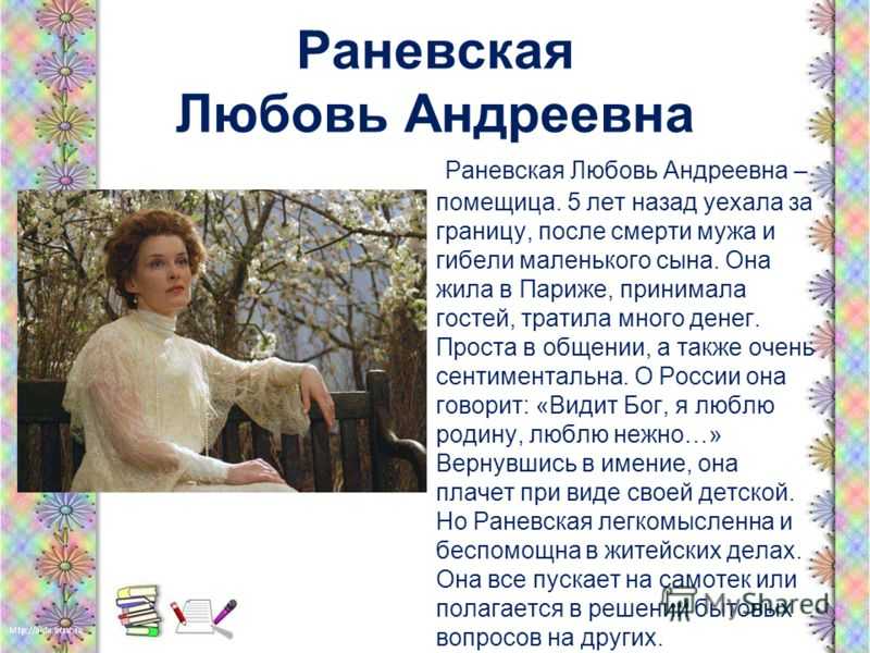 Образ ани раневской в пьесе вишнёвый сад и ее характеристика сочинение