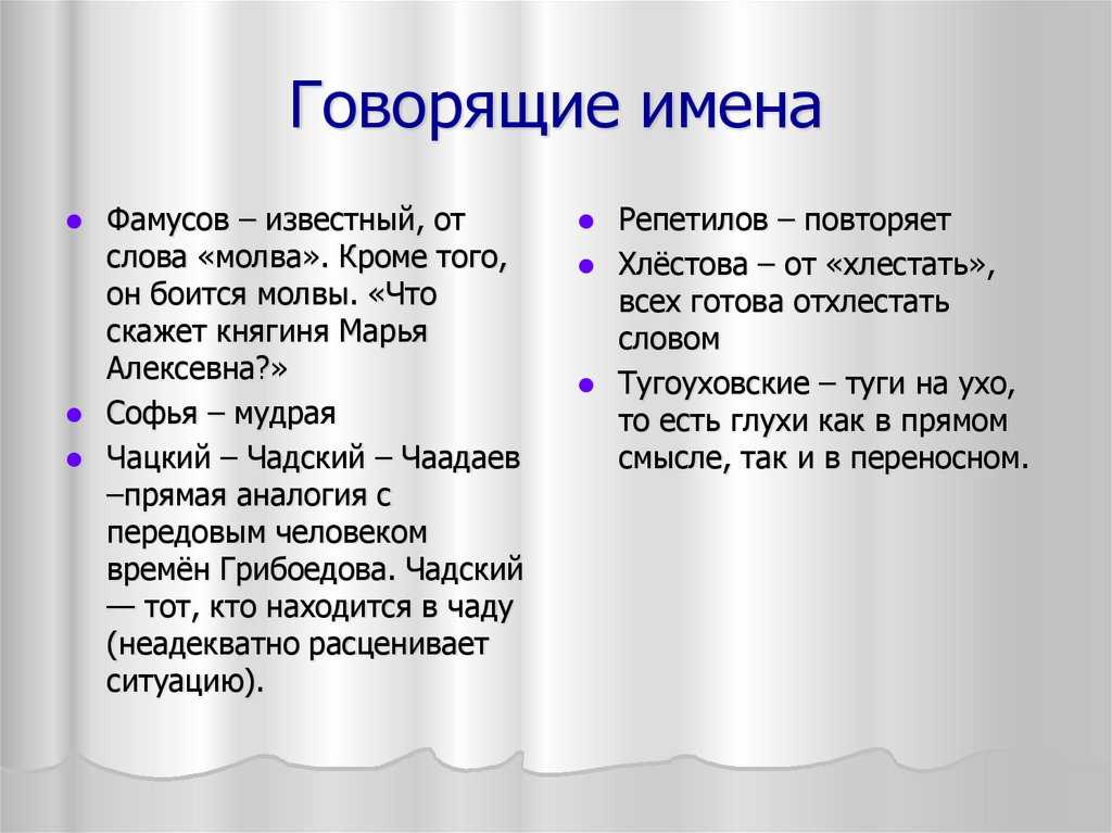Говорящие фамилии комедии «горе от ума»: значение имени и отчества чацкого, разбор других персонажей